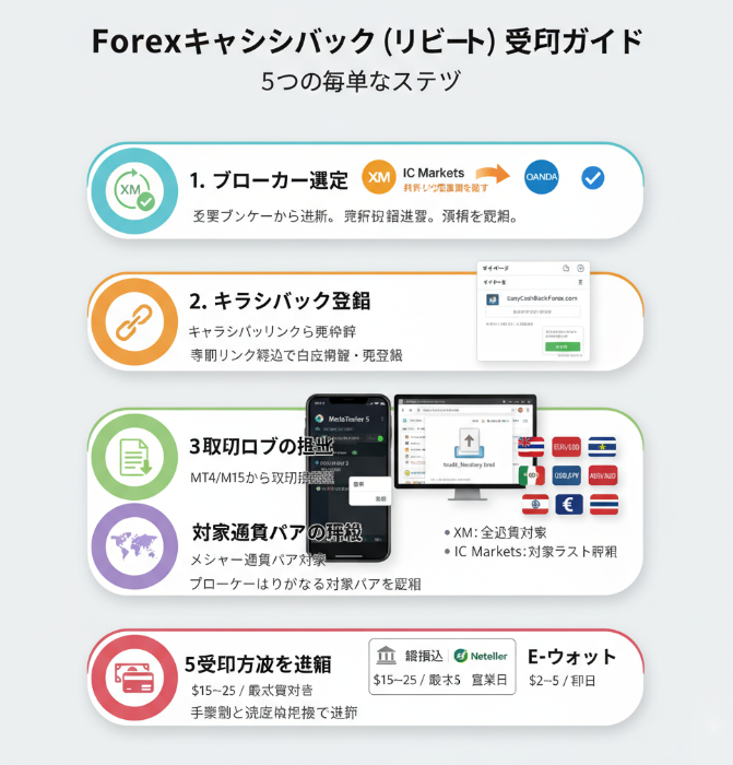 5 つ の ステップ で リベート 受取 方法 海外FXのキャッシュバックって、聞いたことあるけど「どう始めるの?」って方に向けて、リアルにやるべき5つのステップを分かりやすく解説していきます。